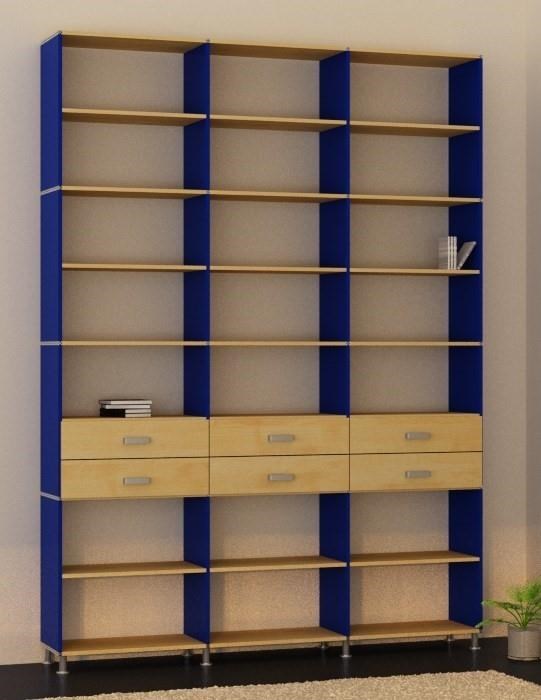 Regal mit blauen Seiten und Böden in Ahorn